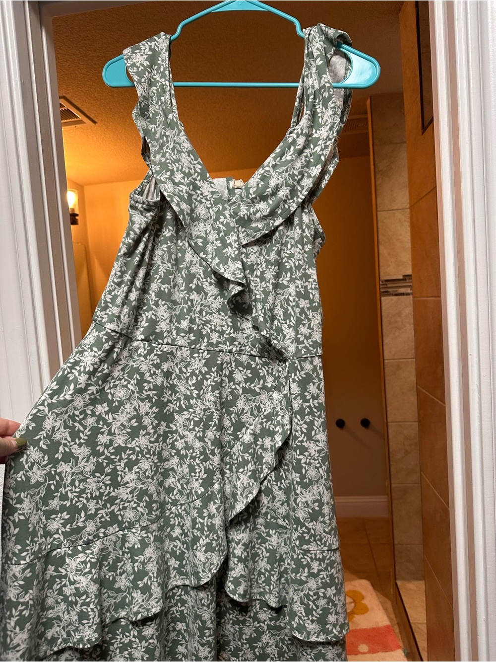 Sleeveless Sage Green Floral Ruffle Midi Dress